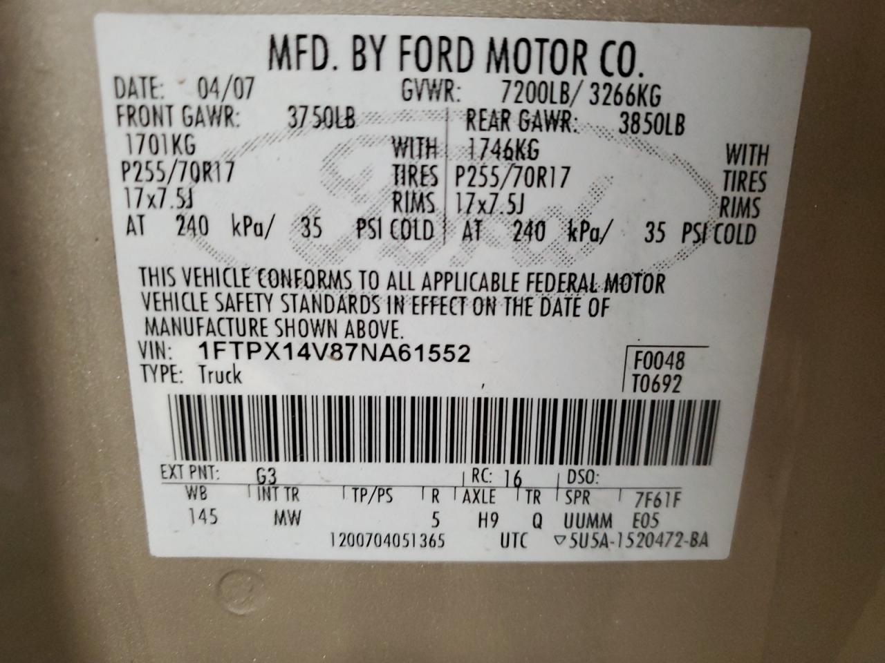 2007 Ford F150 VIN: 1FTPX14V87NA61552 Lot: 84616415