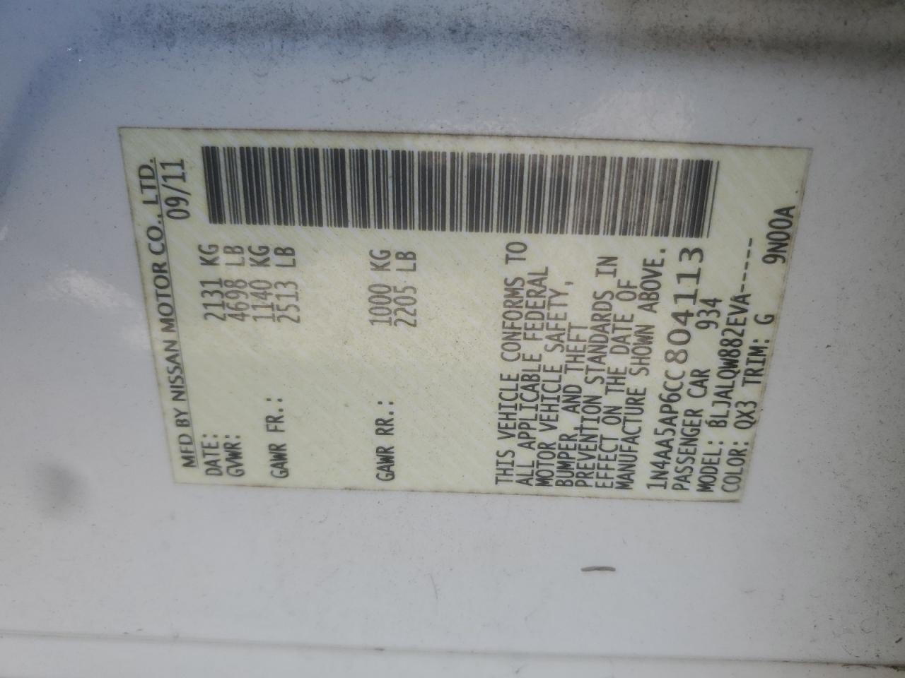 2012 Nissan Maxima S VIN: 1N4AA5AP6CC804113 Lot: 80179605