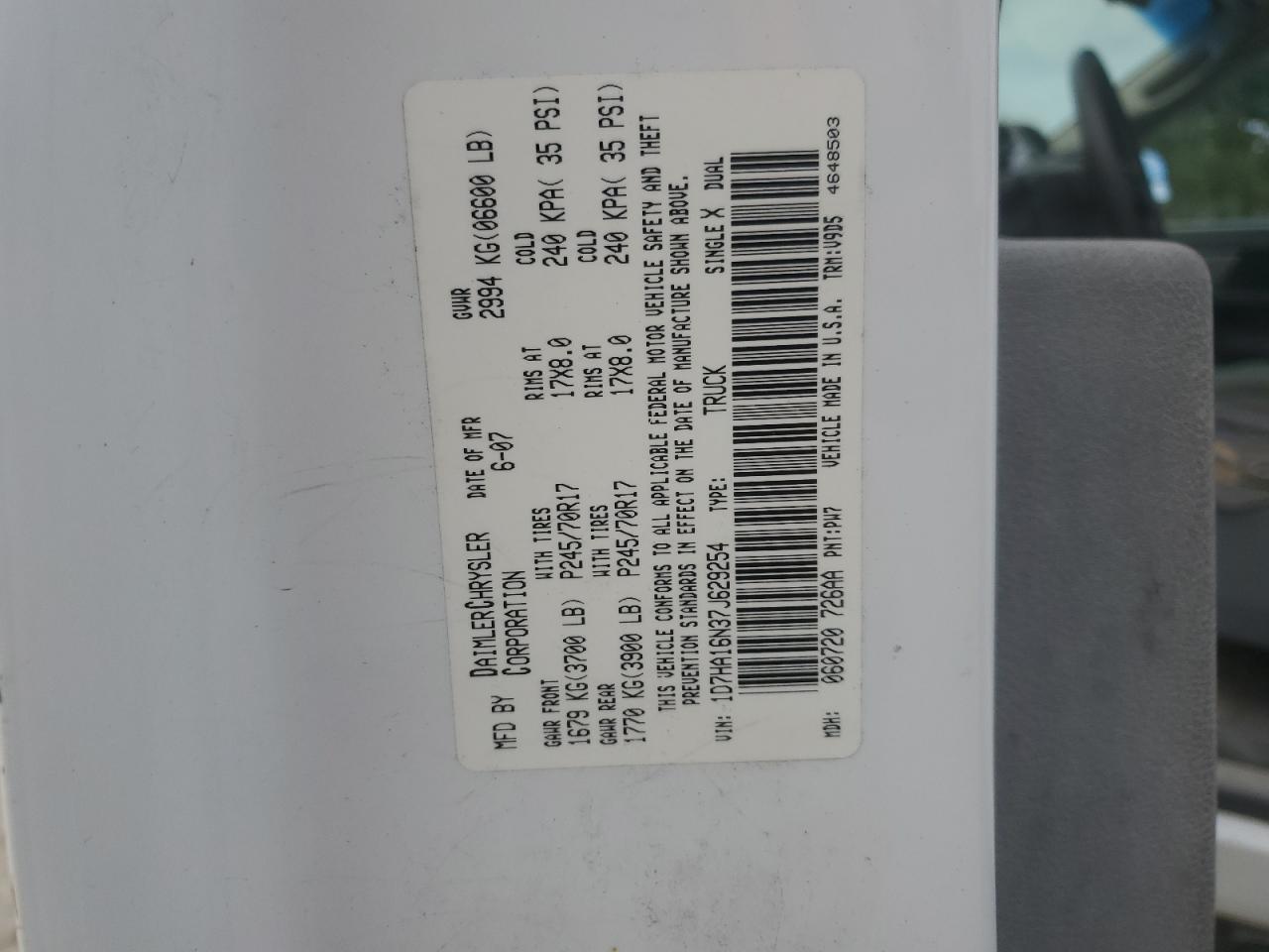 2007 Dodge Ram 1500 St VIN: 1D7HA16N37J629254 Lot: 80302945