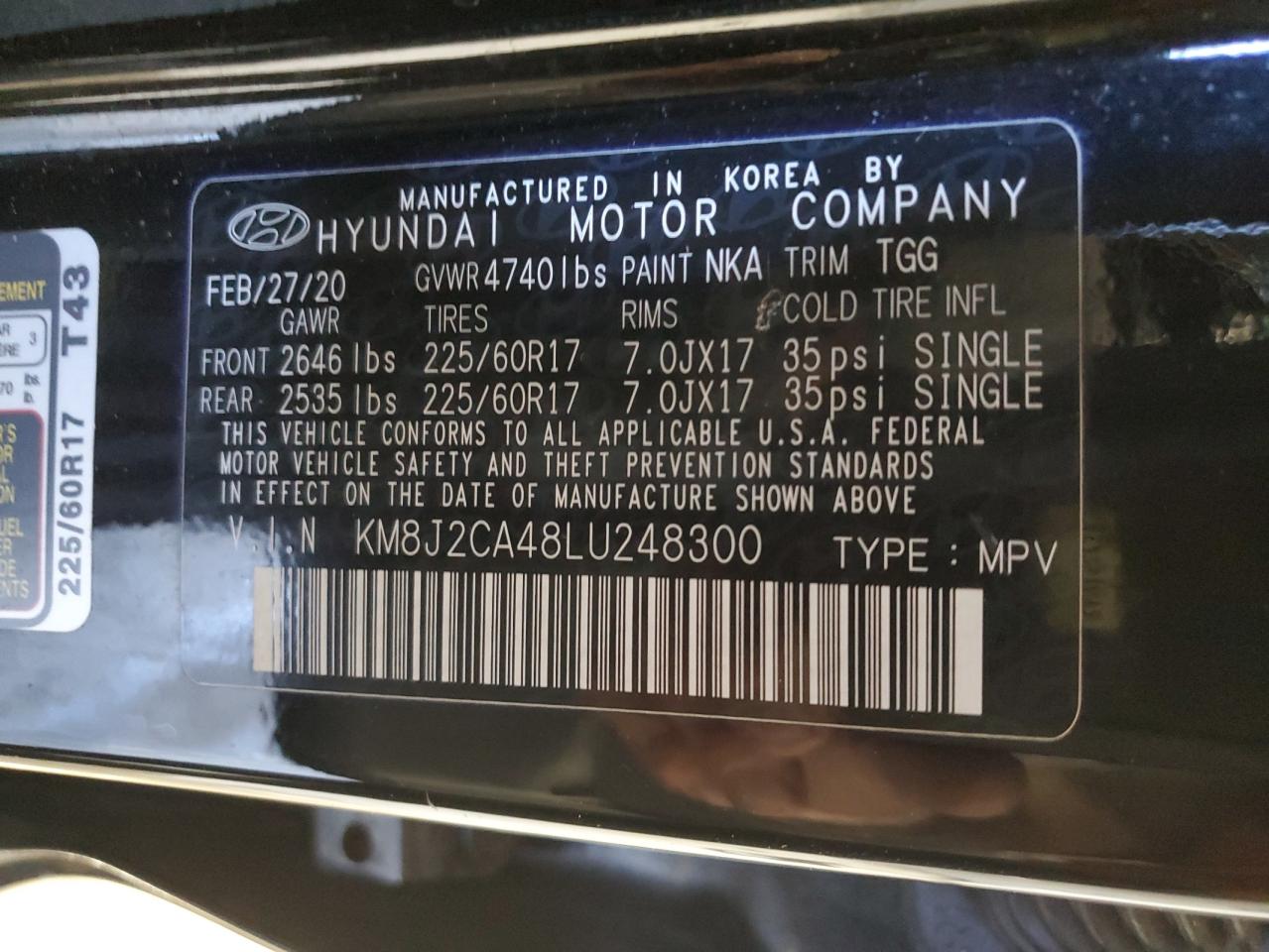 2020 Hyundai Tucson Se VIN: KM8J2CA48LU248300 Lot: 84445355