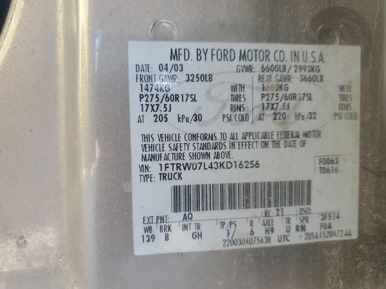 2003 Ford F150 Supercrew VIN: 1FTRW07L43KD16256 Lot: 71514145