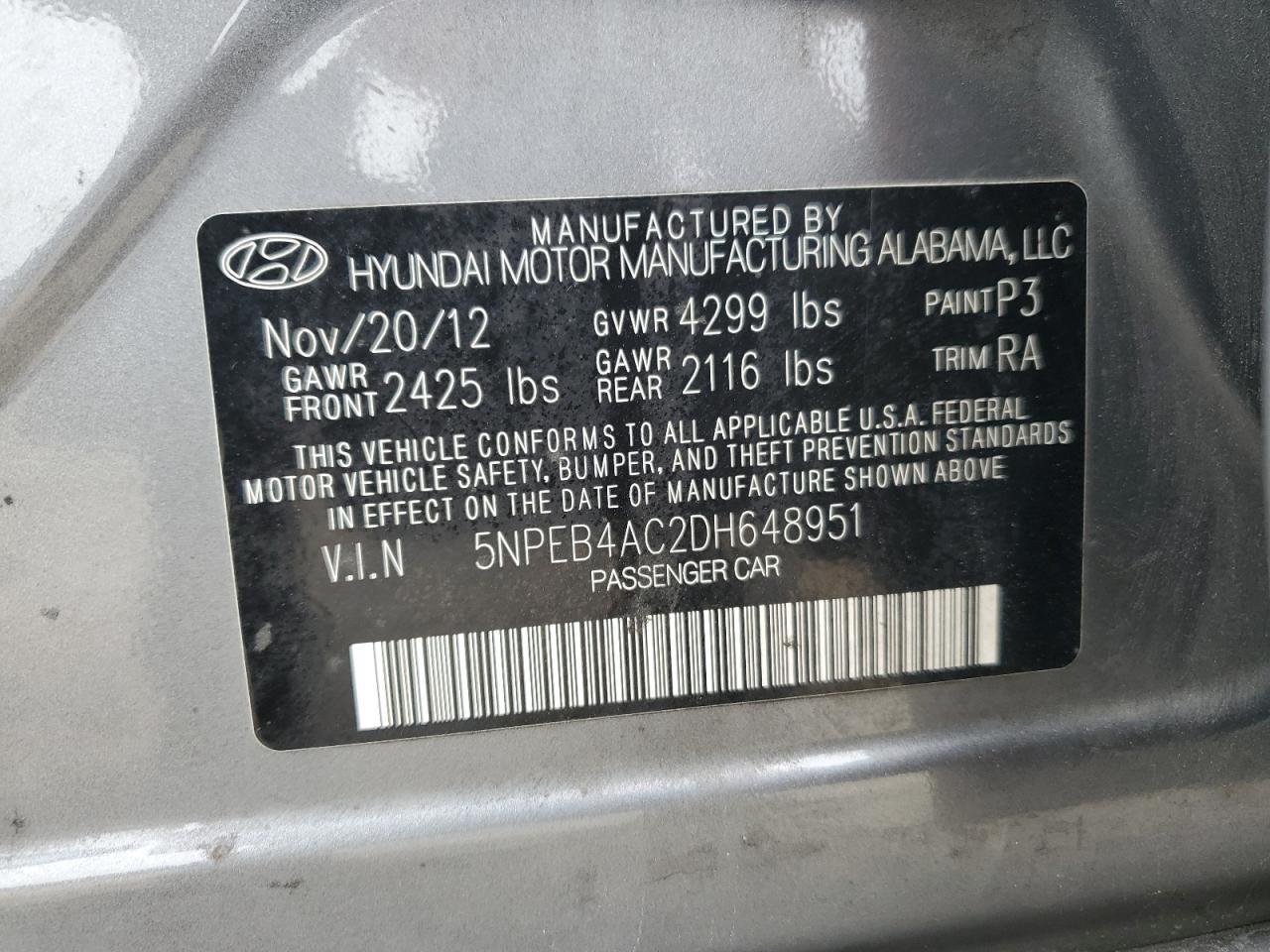 2013 Hyundai Sonata Gls VIN: 5NPEB4AC2DH648951 Lot: 83938805