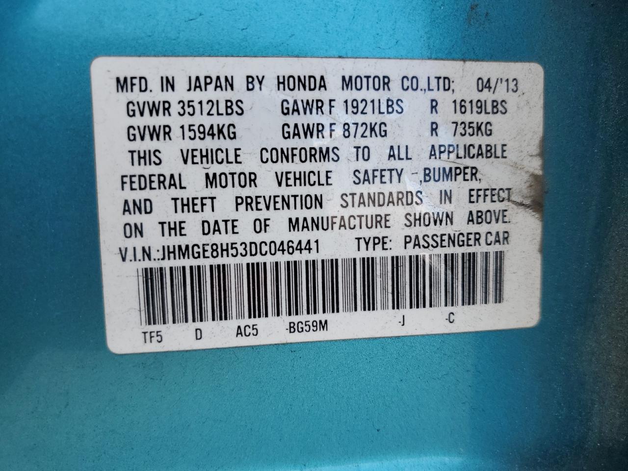 2013 Honda Fit Sport VIN: JHMGE8H53DC046441 Lot: 71892495