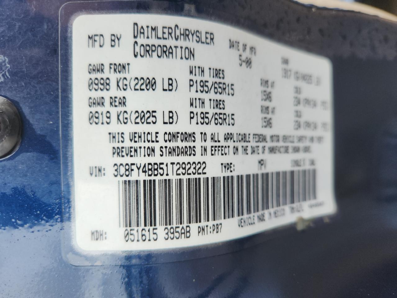 2001 Chrysler Pt Cruiser VIN: 3C8FY4BB51T292322 Lot: 82061685