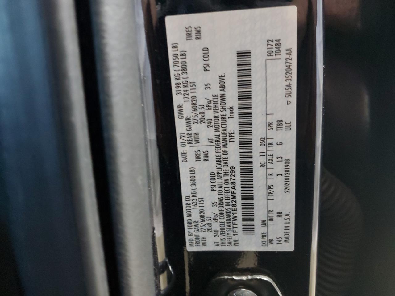 2021 Ford F150 Supercrew VIN: 1FTFW1E82MFA87299 Lot: 71481315