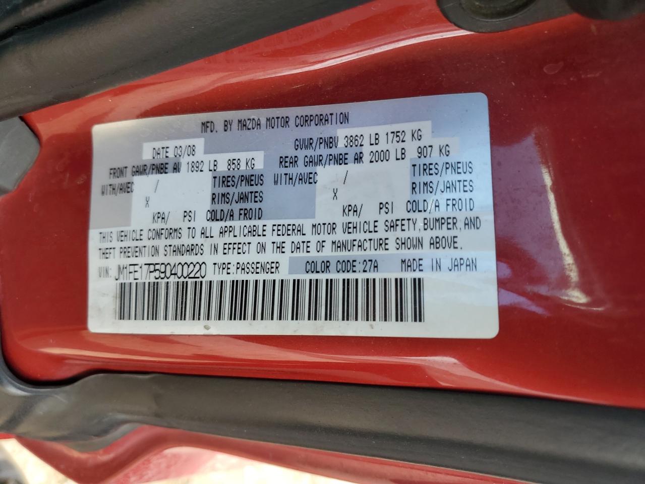 2009 Mazda Rx8 VIN: JM1FE17P590400220 Lot: 80544205