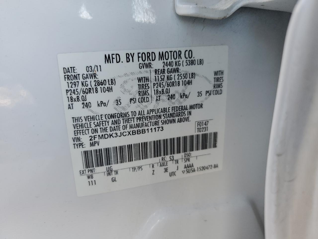 2011 Ford Edge Sel VIN: 2FMDK3JCXBBB11173 Lot: 82080875