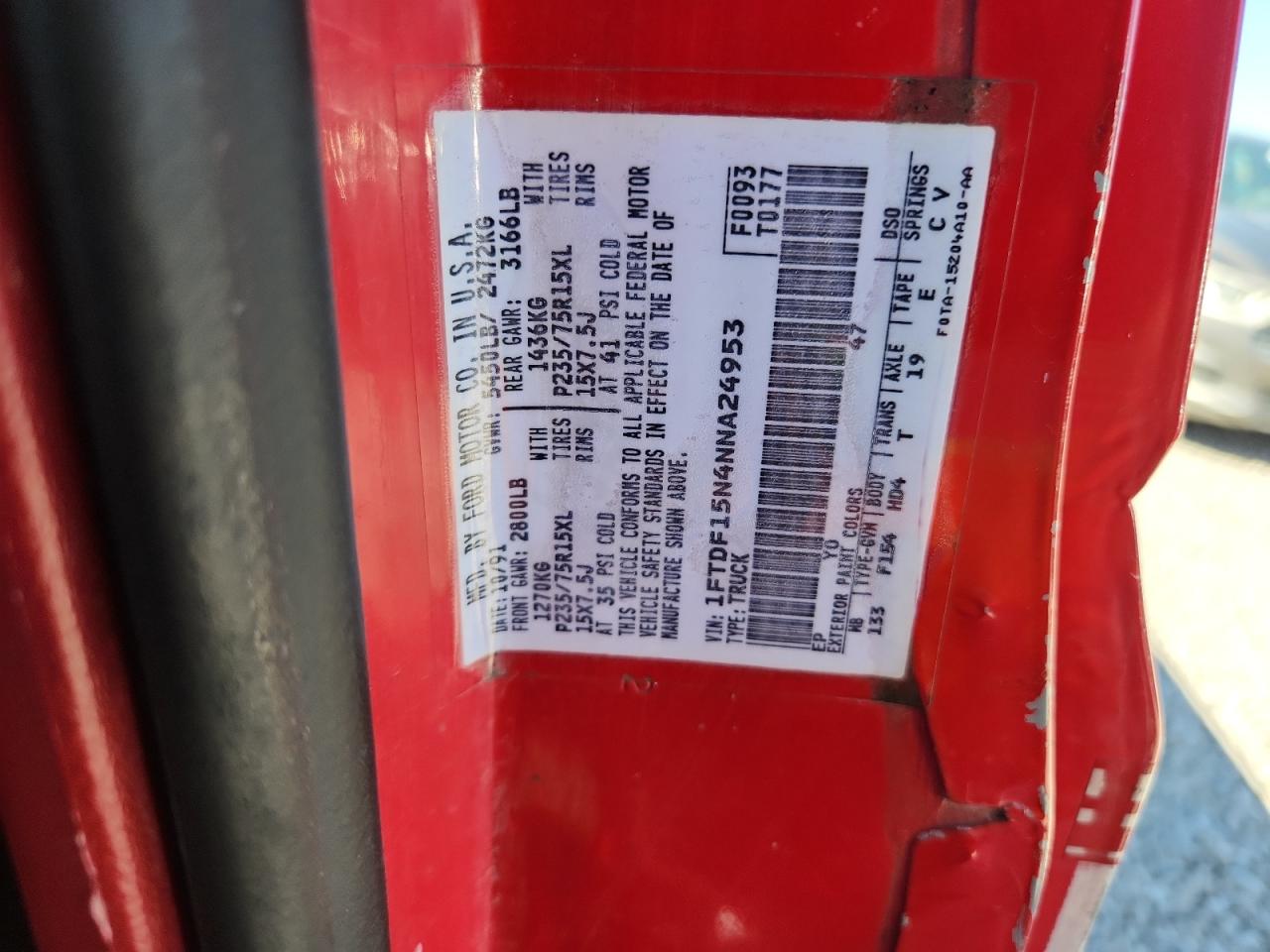 1992 Ford F150 VIN: 1FTDF15N4NNA24953 Lot: 82166705