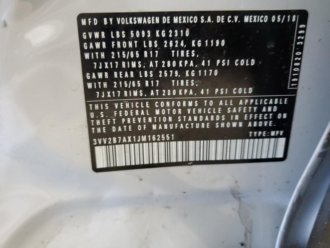 2018 Volkswagen Tiguan Se VIN: 3VV2B7AX1JM162551 Lot: 82131615