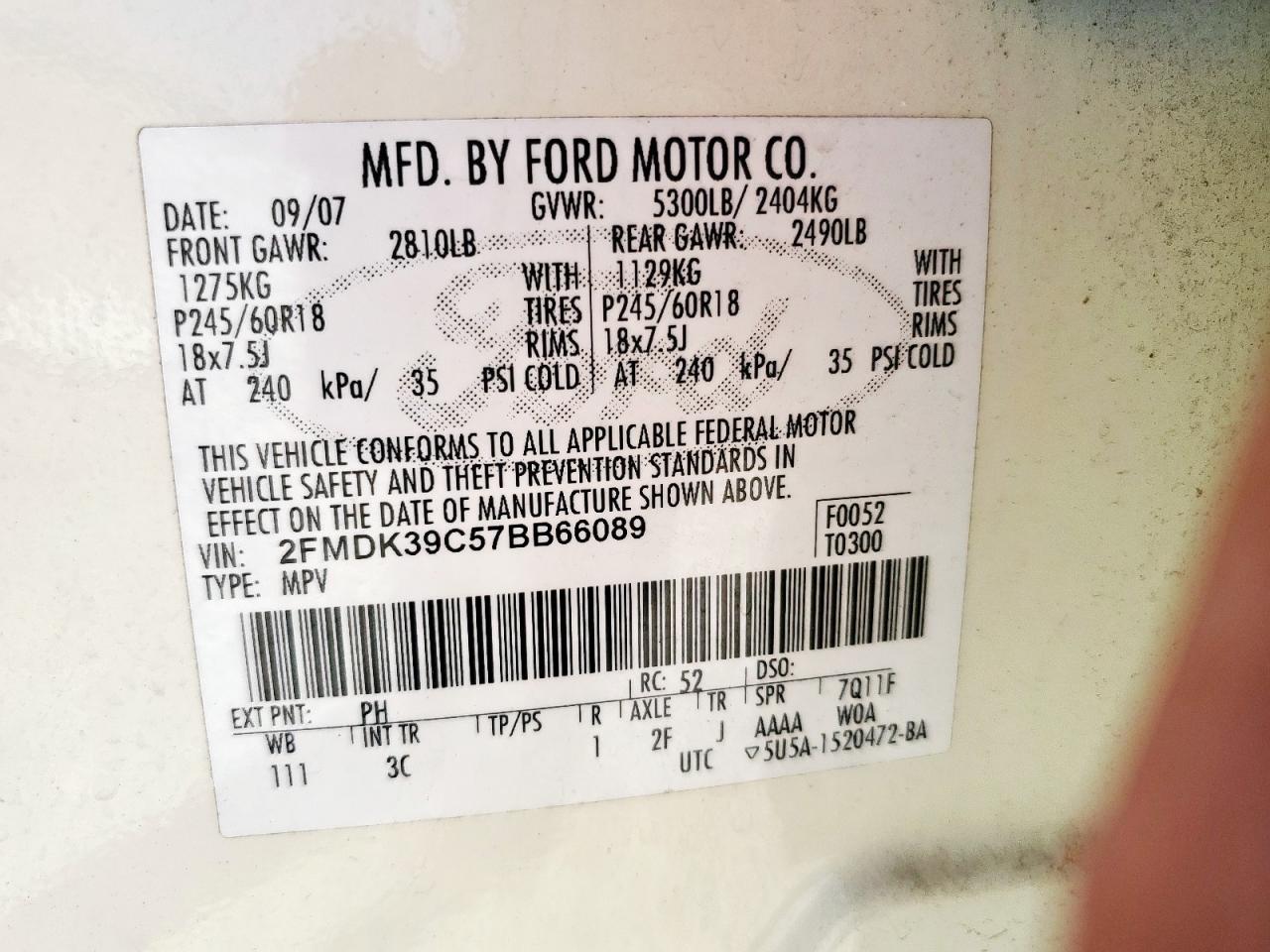 2007 Ford Edge Sel Plus VIN: 2FMDK39C57BB66089 Lot: 80531745