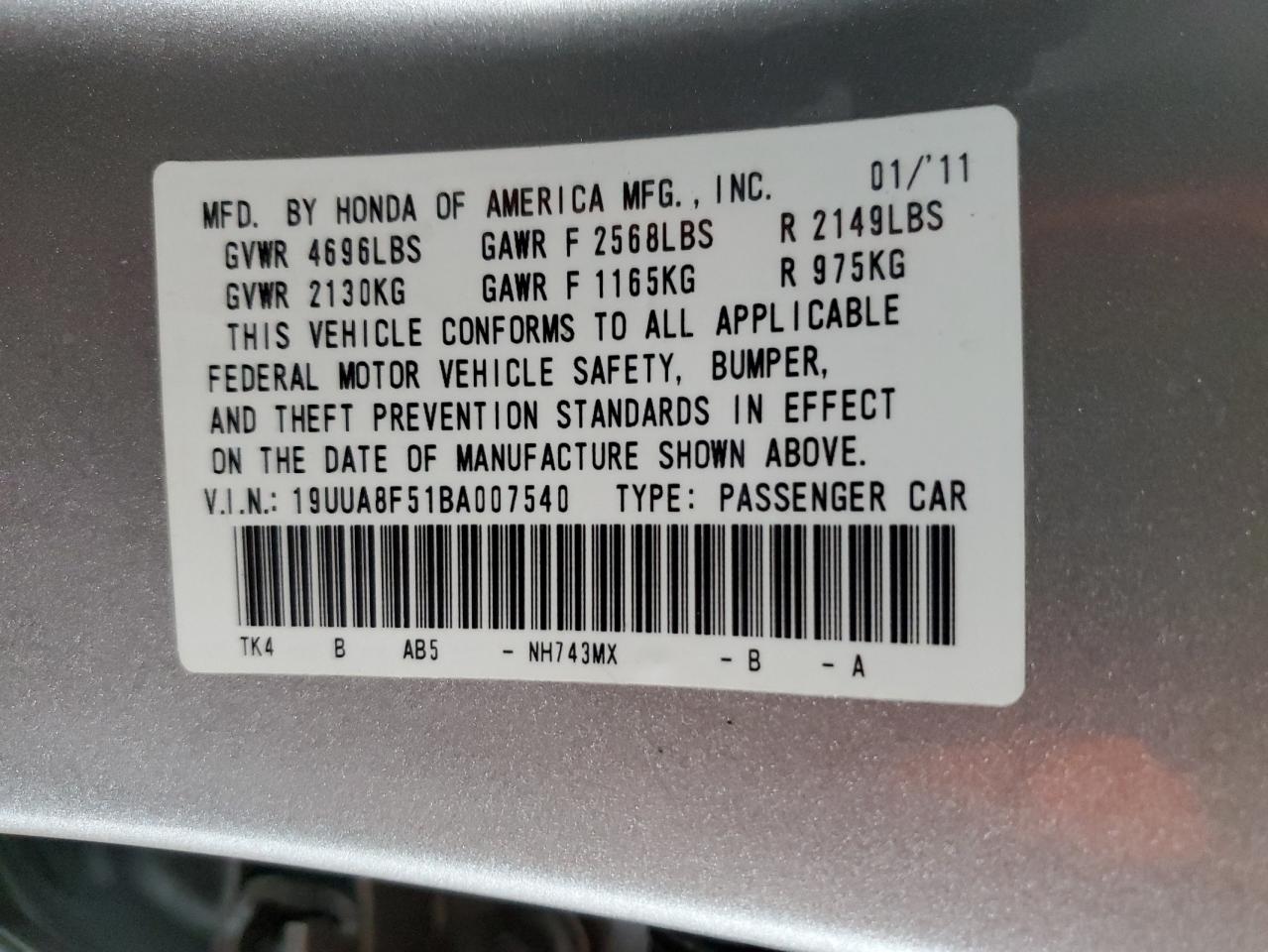 2011 Acura Tl VIN: 19UUA8F51BA007540 Lot: 81831035