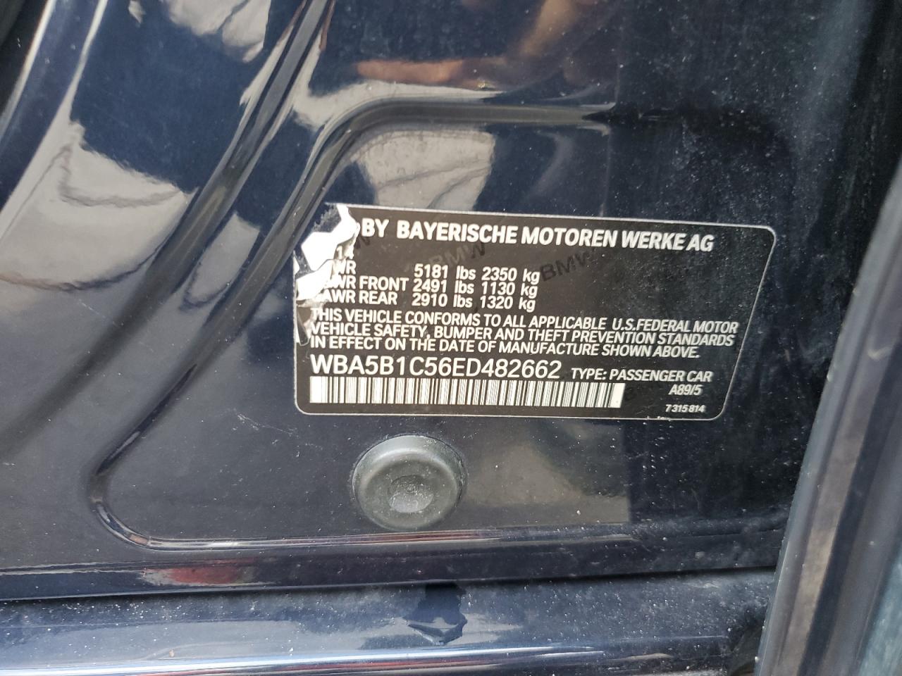2014 BMW 535 I VIN: WBA5B1C56ED482662 Lot: 81586335