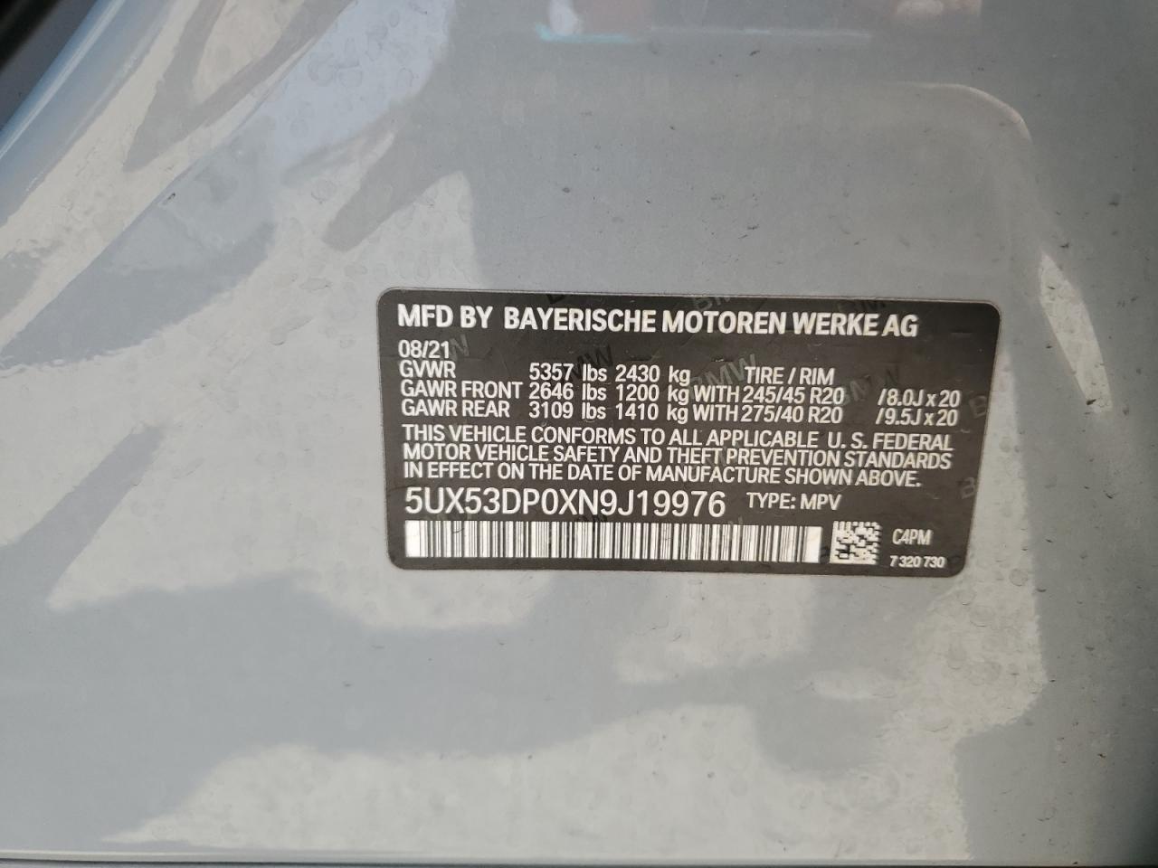 2022 BMW X3 xDrive30I VIN: 5UX53DP0XN9J19976 Lot: 81289875