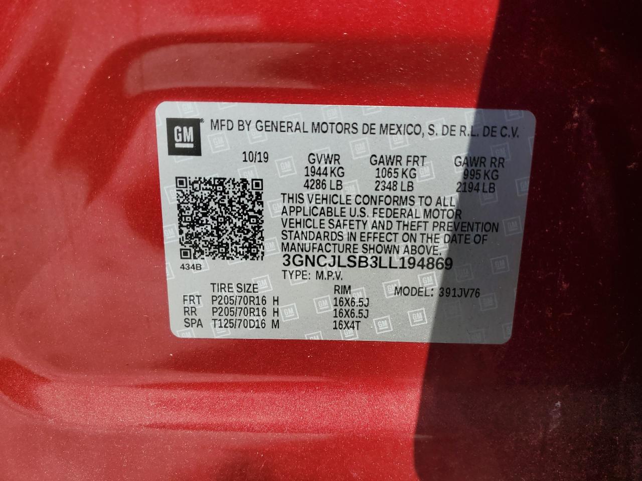 2020 Chevrolet Trax 1Lt VIN: 3GNCJLSB3LL194869 Lot: 82066385