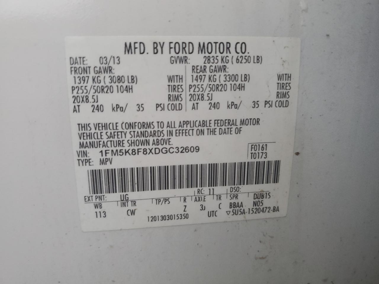 2013 Ford Explorer Limited VIN: 1FM5K8F8XDGC32609 Lot: 81403495