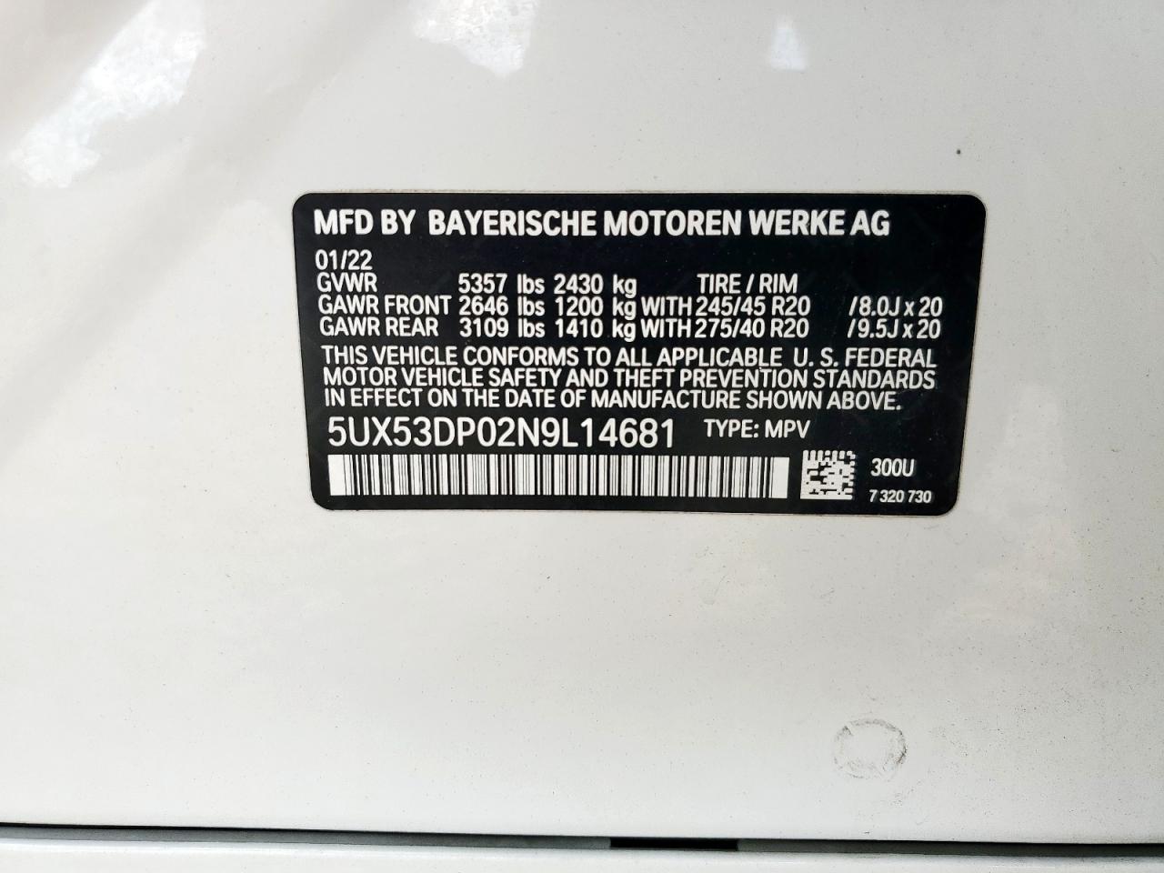 2022 BMW X3 xDrive30I VIN: 5UX53DP02N9L14681 Lot: 81775765