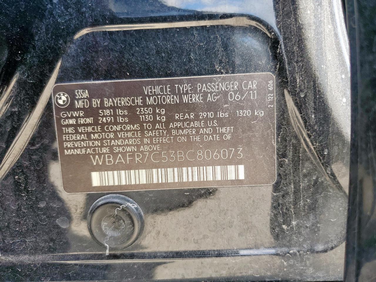 2011 BMW 535 I VIN: WBAFR7C53BC806073 Lot: 81305255