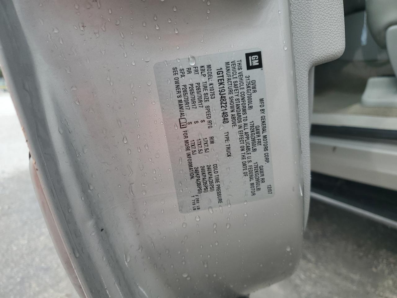 2008 GMC Sierra K1500 VIN: 1GTEK19J48Z214840 Lot: 71773885