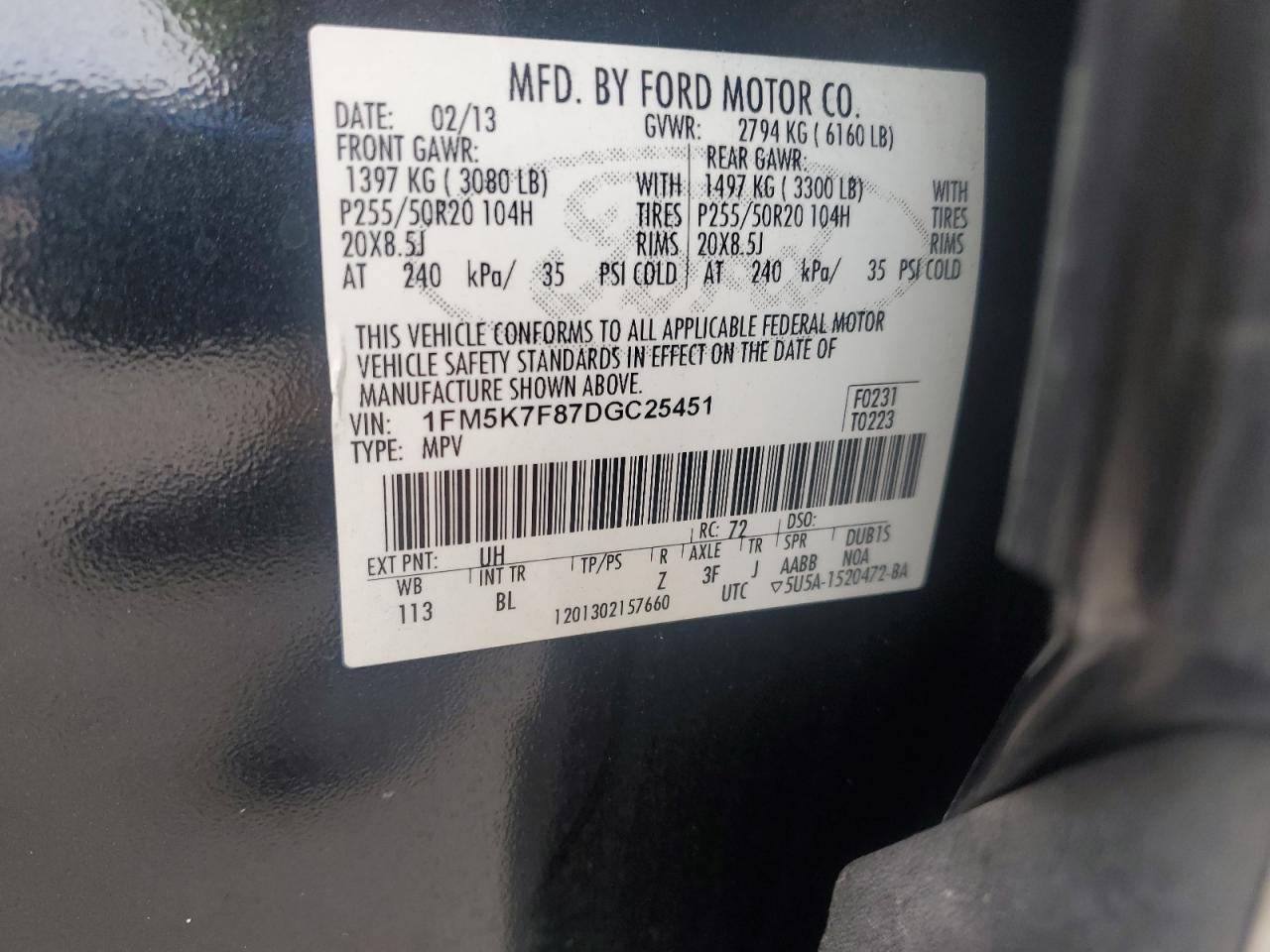 2013 Ford Explorer Limited VIN: 1FM5K7F87DGC25451 Lot: 83862145