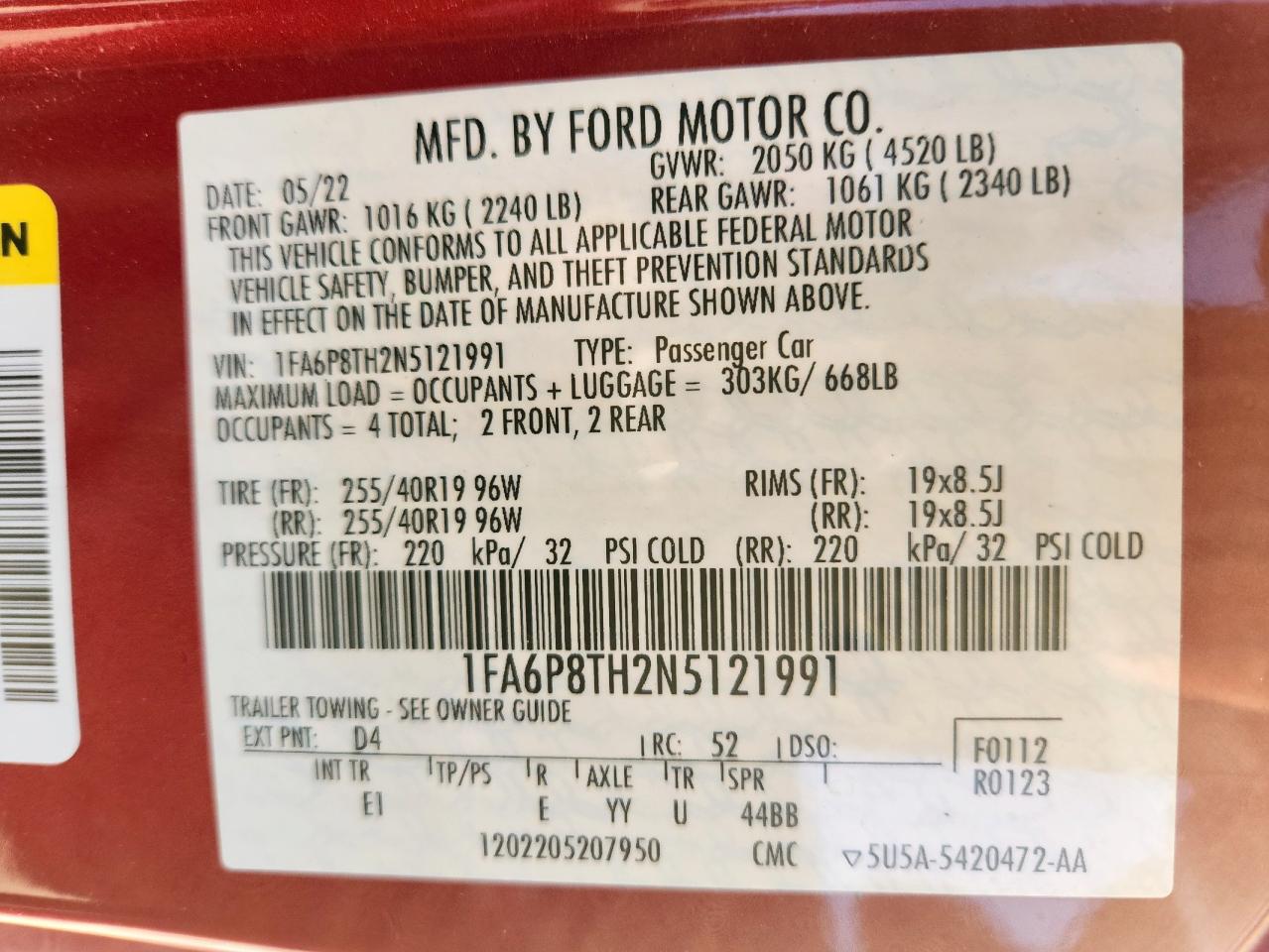 2022 Ford Mustang VIN: 1FA6P8TH2N5121991 Lot: 81257265