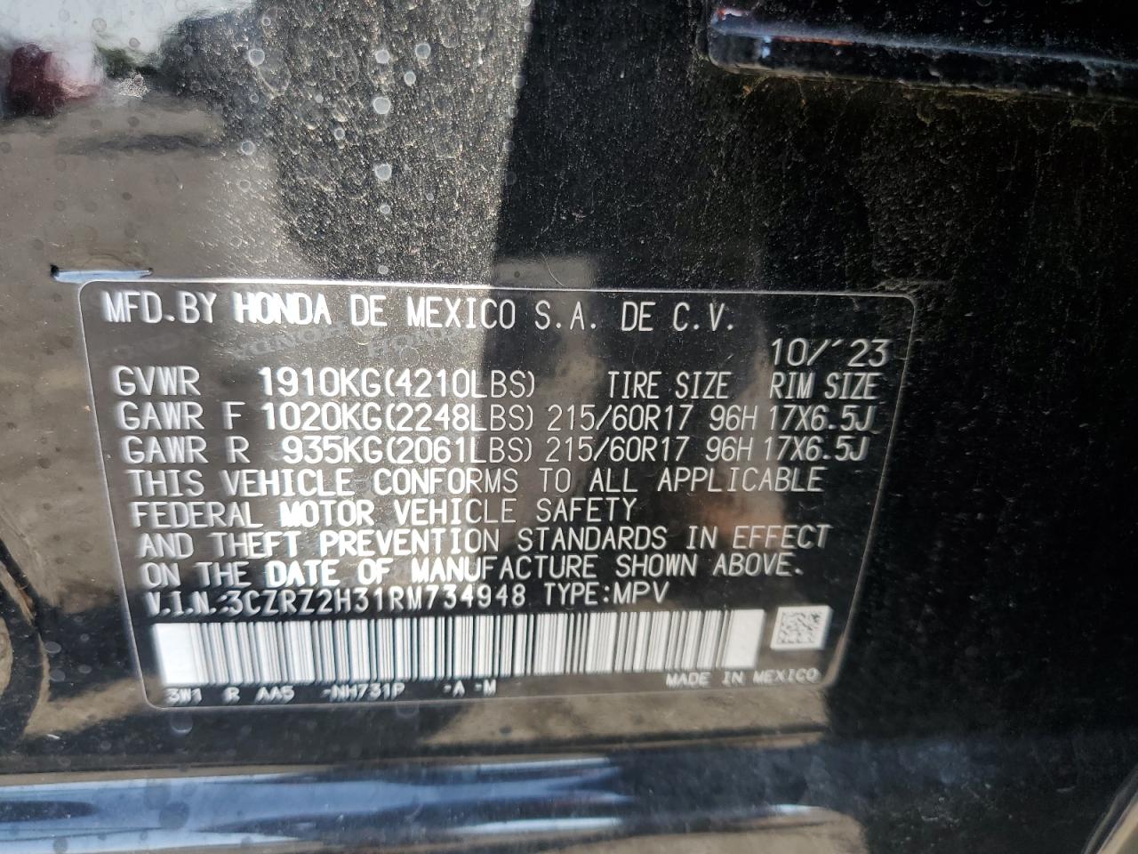 2024 Honda Hr-V Lx VIN: 3CZRZ2H31RM734948 Lot: 81549145