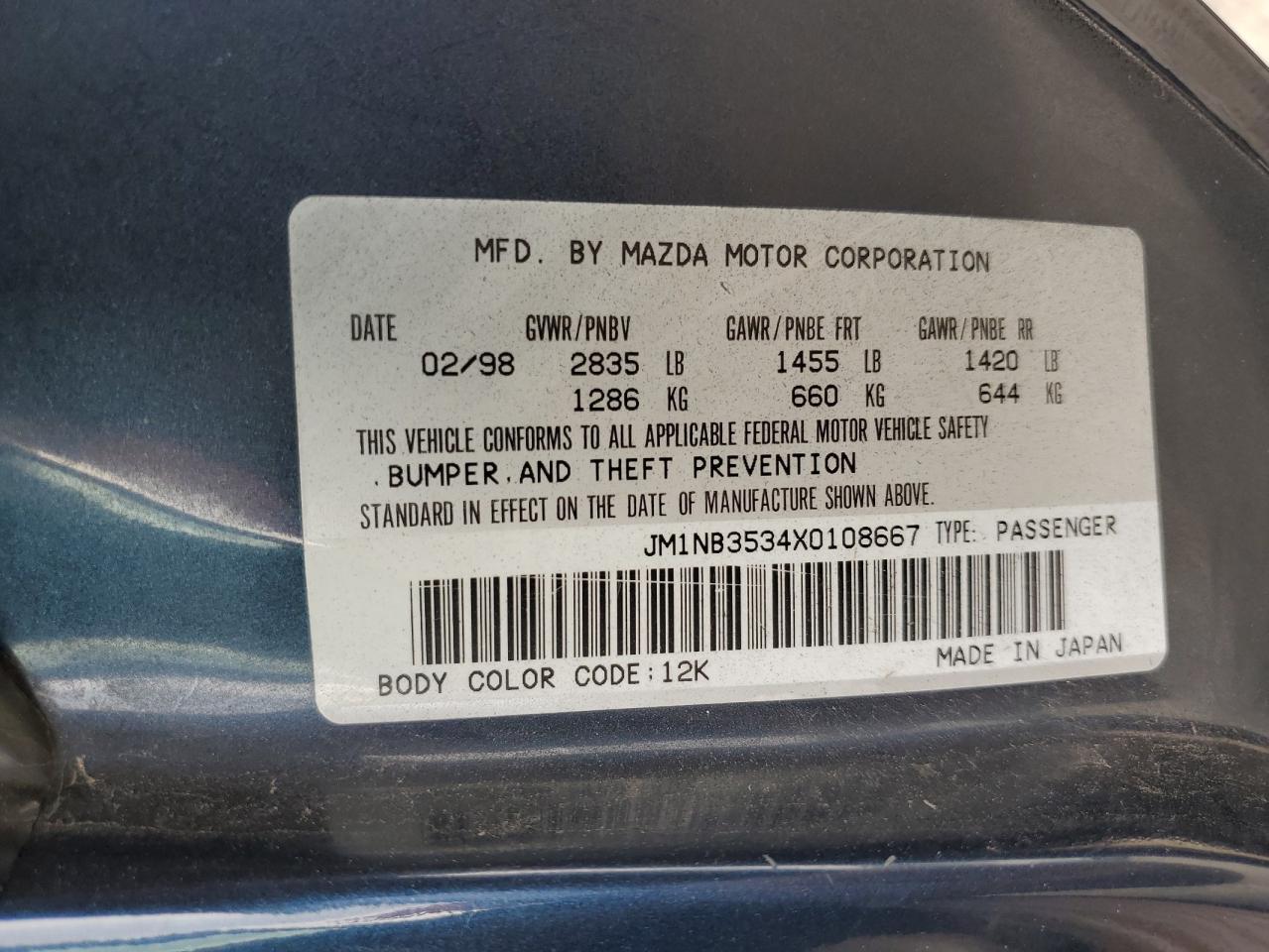 1999 Mazda Mx-5 Miata VIN: JM1NB3534X0108667 Lot: 84275075