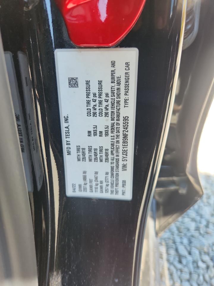 2022 Tesla Model 3 VIN: 5YJ3E1EB9NF245595 Lot: 70906565