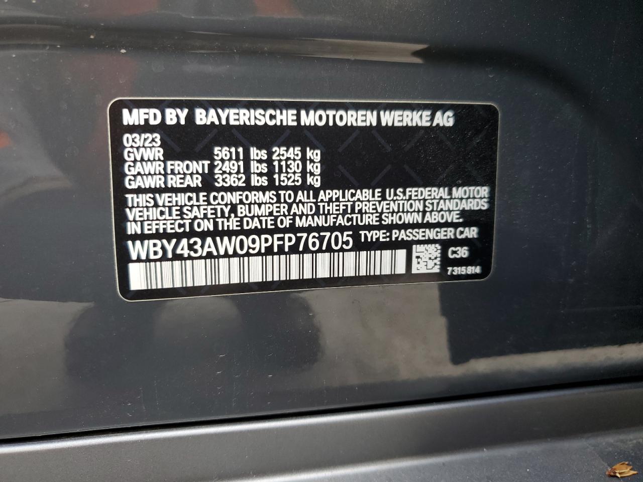 2023 BMW I4 Edrive 35 VIN: WBY43AW09PFP76705 Lot: 81603895