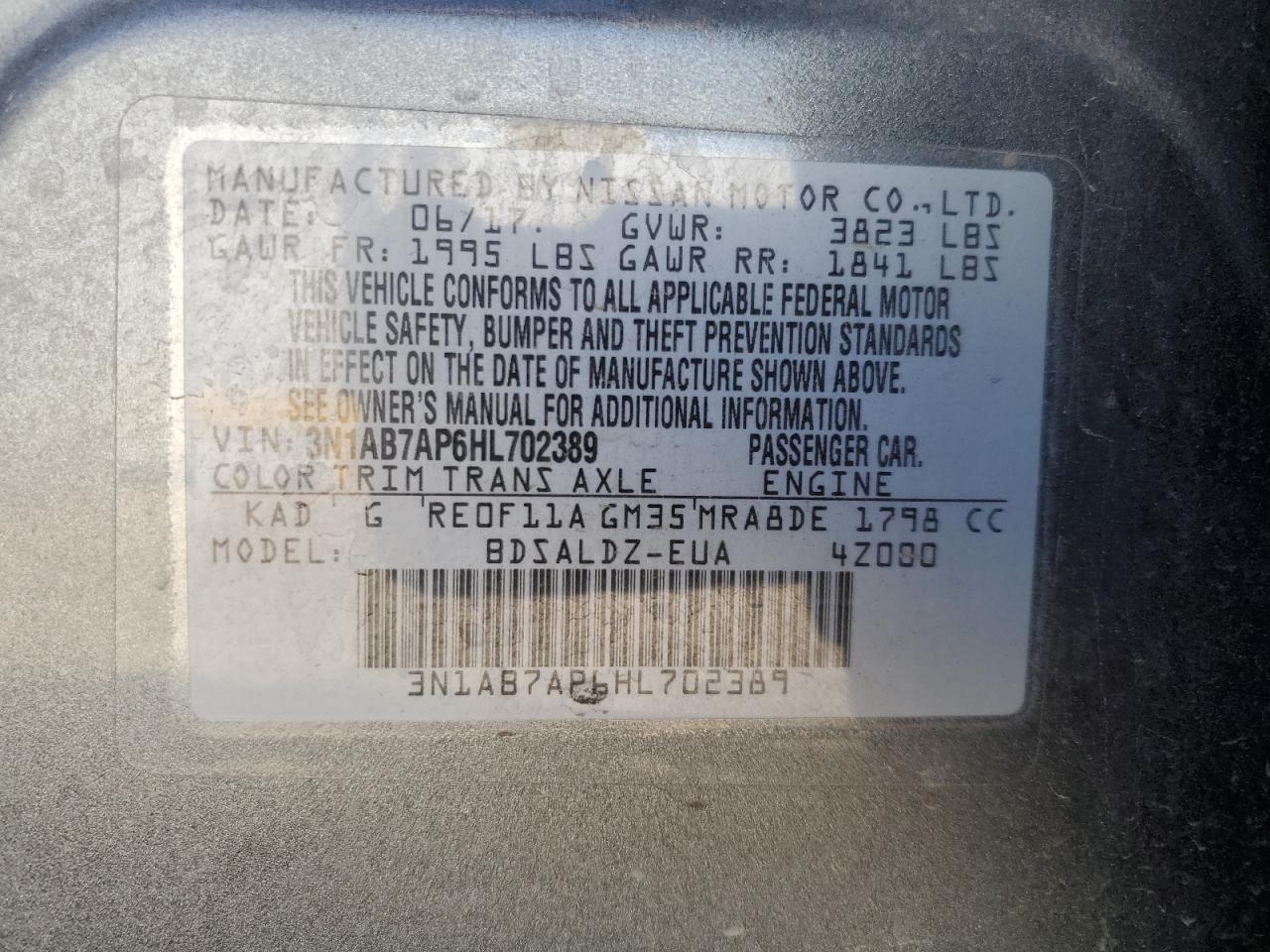 2017 Nissan Sentra S VIN: 3N1AB7AP6HL702389 Lot: 81081615