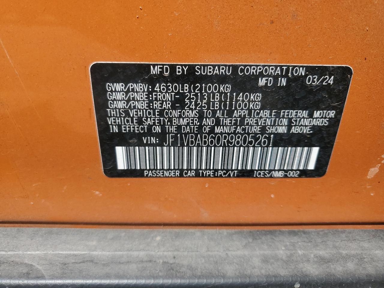 2024 Subaru Wrx VIN: JF1VBAB60R9805261 Lot: 71219385