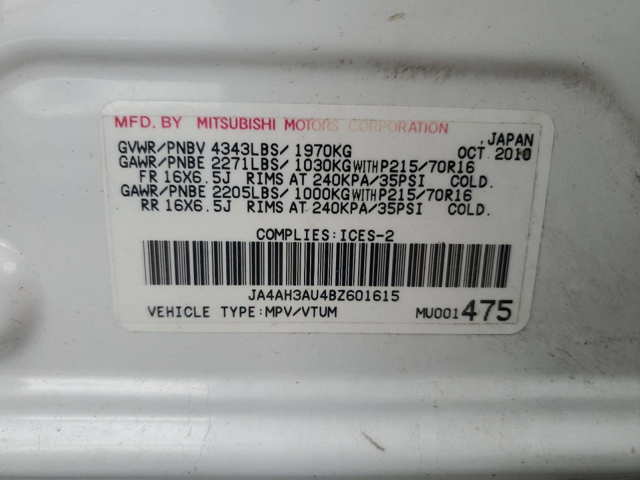 2011 Mitsubishi Rvr Se VIN: JA4AH3AU4BZ601615 Lot: 71311075