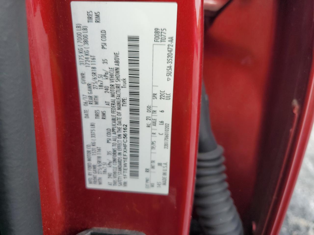 2017 Ford F150 Supercrew VIN: 1FTEW1EFXHFC56162 Lot: 82077815