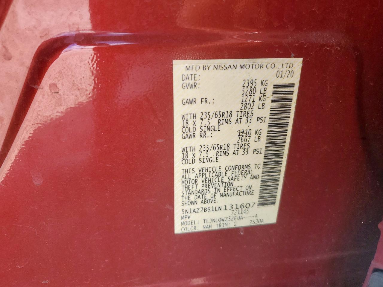 2020 Nissan Murano Sv VIN: 5N1AZ2BS1LN131607 Lot: 82085825