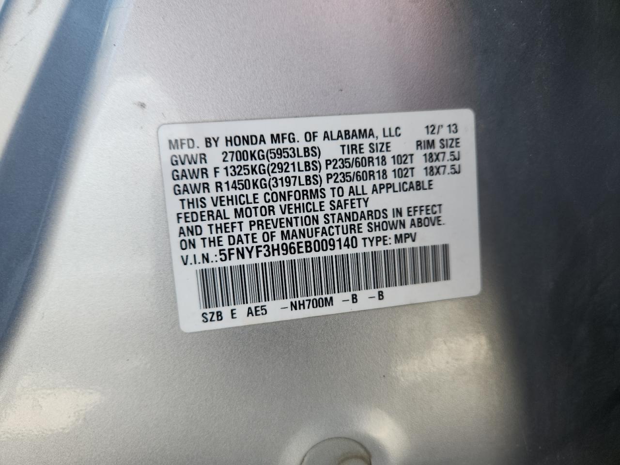 2014 Honda Pilot Touring VIN: 5FNYF3H96EB009140 Lot: 71738515