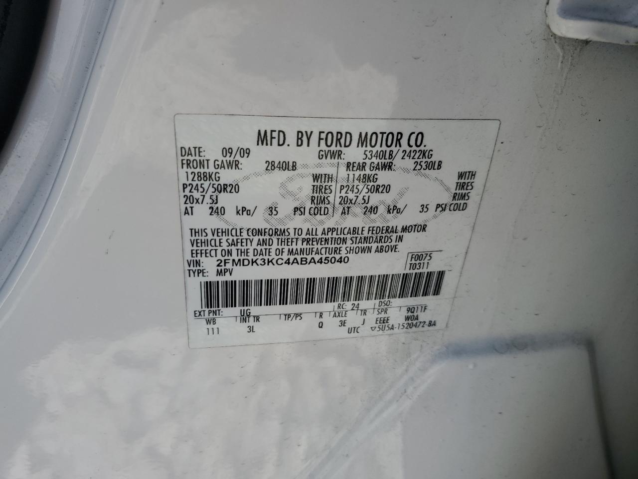 2010 Ford Edge Limited VIN: 2FMDK3KC4ABA45040 Lot: 80319875