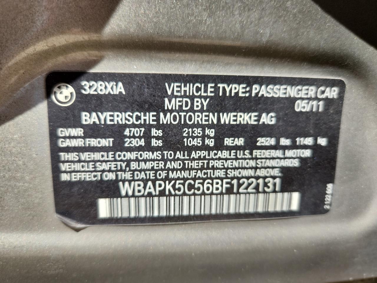 2011 BMW 328 Xi Sulev VIN: WBAPK5C56BF122131 Lot: 71527765