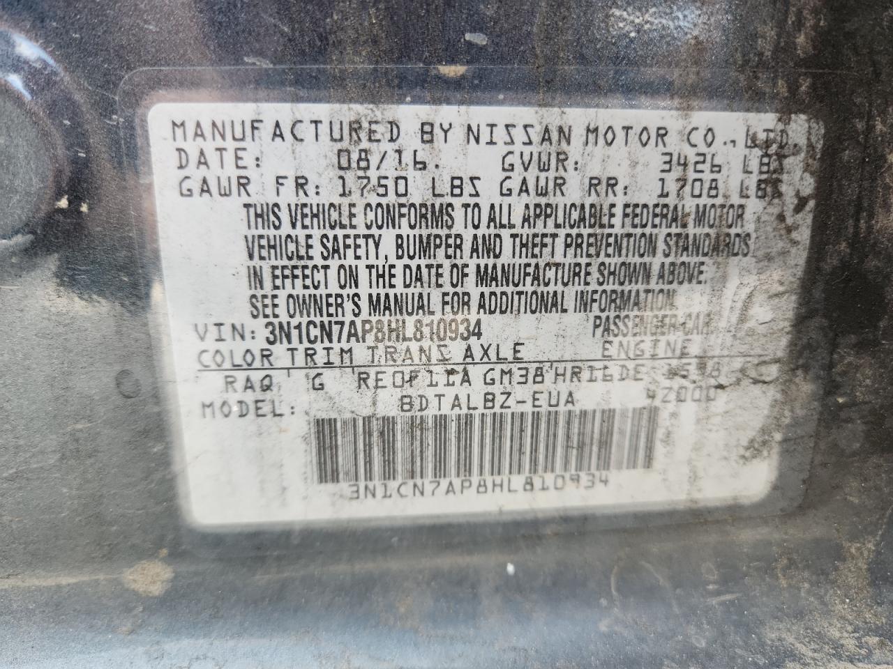 2017 Nissan Versa S VIN: 3N1CN7AP8HL810934 Lot: 81762465