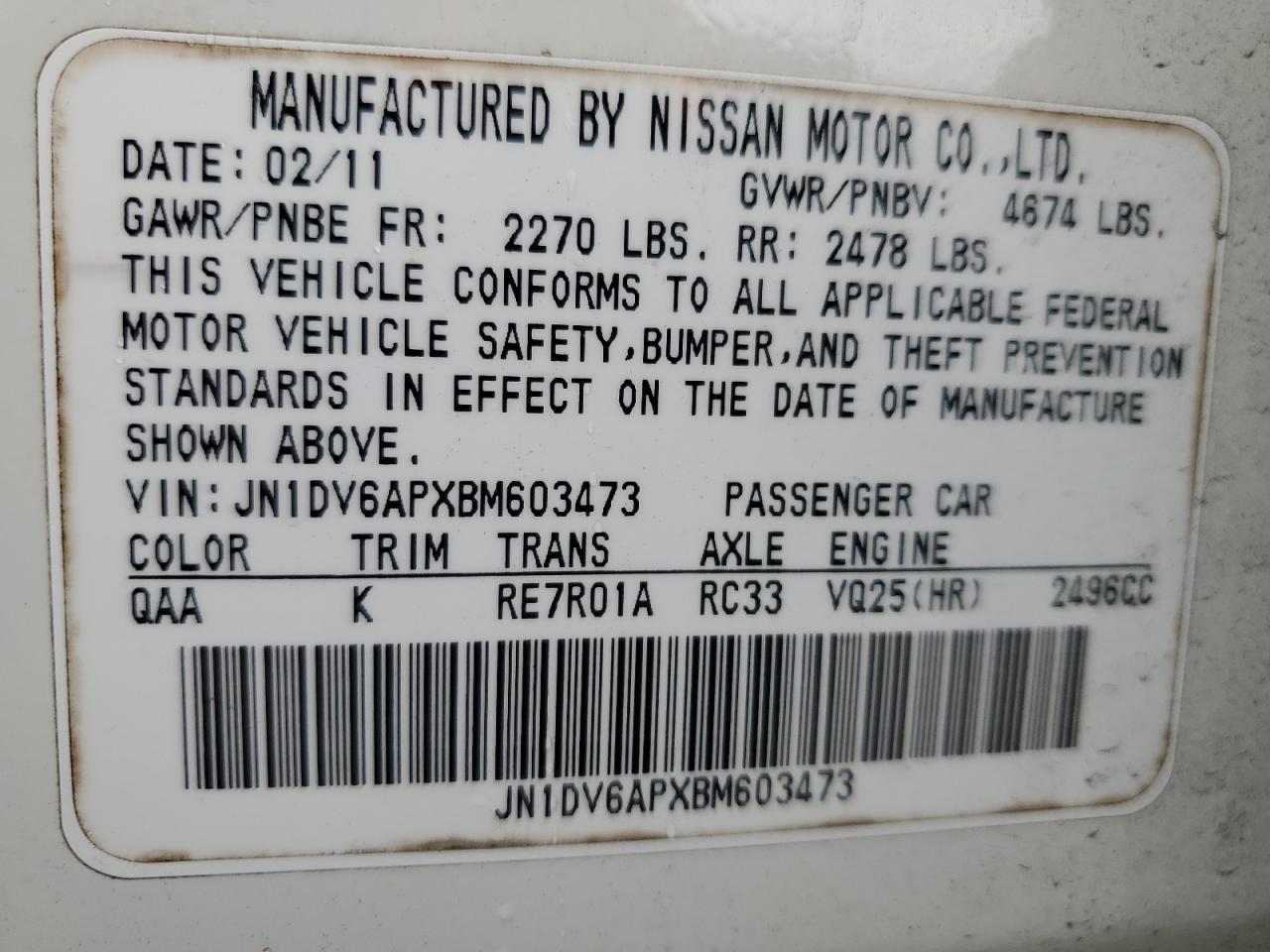 2011 Infiniti G25 Base VIN: JN1DV6APXBM603473 Lot: 72027345