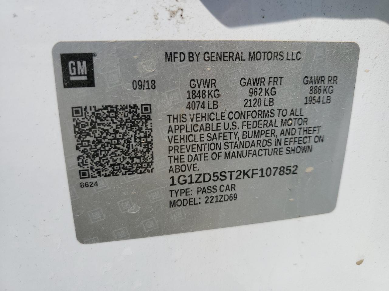 2019 Chevrolet Malibu Lt VIN: 1G1ZD5ST2KF107852 Lot: 80559995