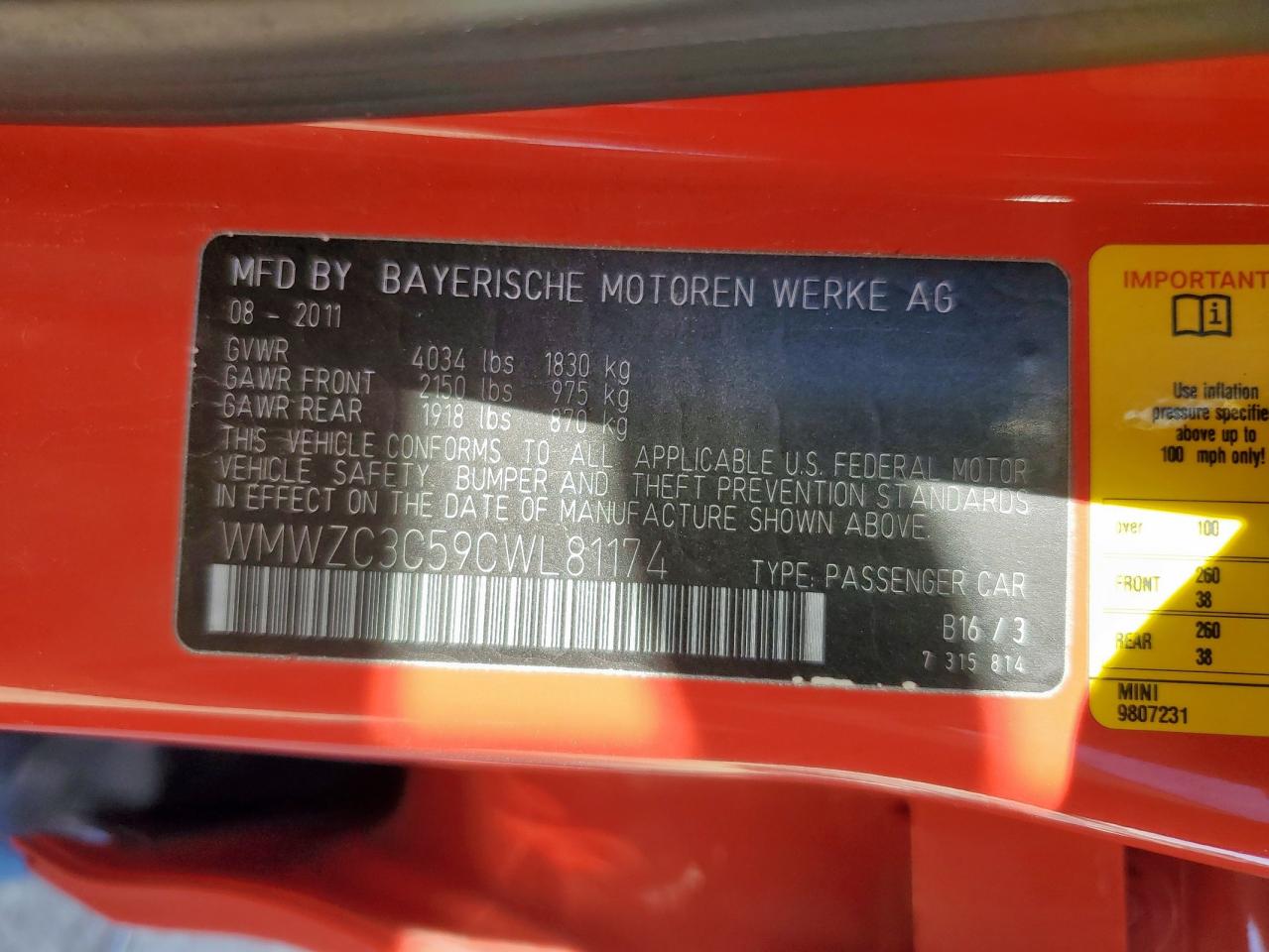 2012 Mini Cooper S Countryman VIN: WMWZC3C59CWL81174 Lot: 82062905