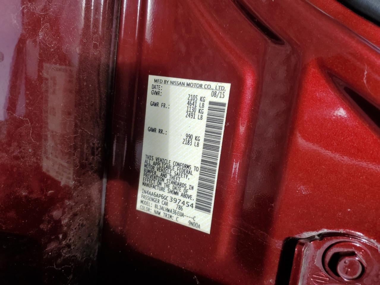 2016 Nissan Maxima 3.5S VIN: 1N4AA6AP6GC397454 Lot: 84267085