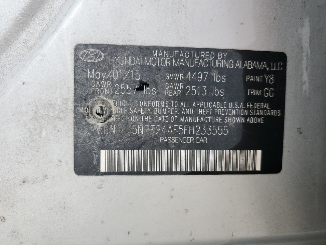 2015 Hyundai Sonata Se VIN: 5NPE24AF5FH233555 Lot: 71245345