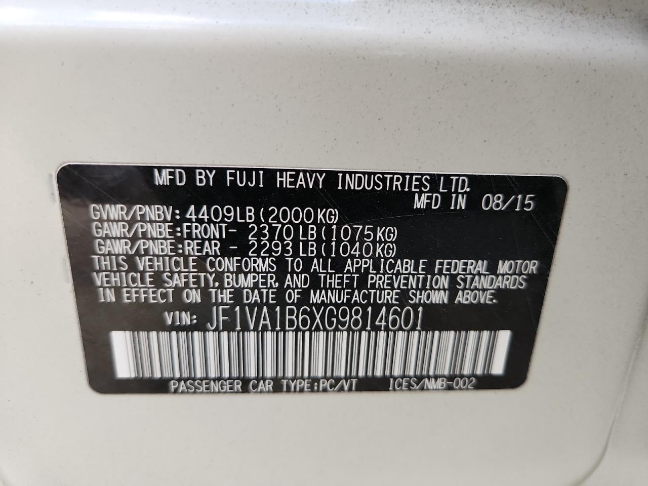 2016 Subaru Wrx VIN: JF1VA1B6XG9814601 Lot: 80176105