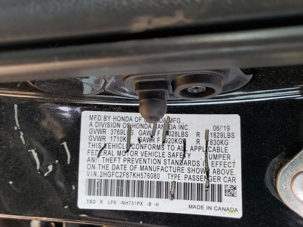 2019 Honda Civic Lx VIN: 2HGFC2F67KH576080 Lot: 80074075