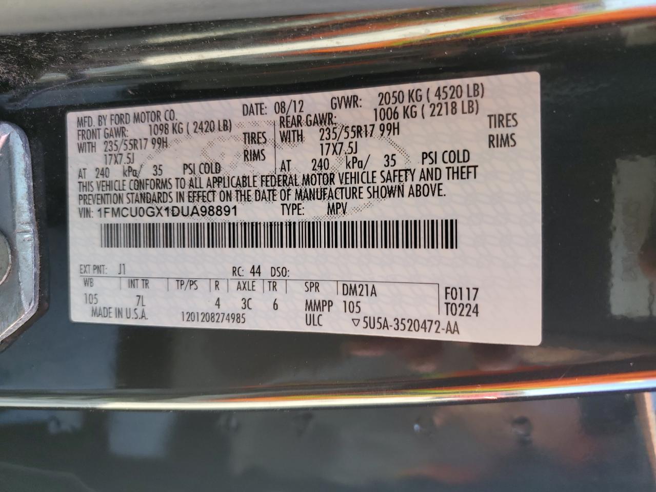 2013 Ford Escape Se VIN: 1FMCU0GX1DUA98891 Lot: 84584395