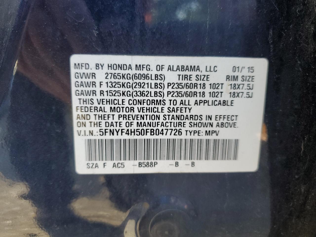 2015 Honda Pilot Exl VIN: 5FNYF4H50FB047726 Lot: 81136375