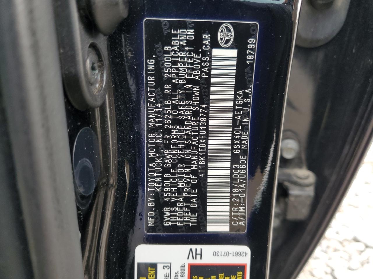 2015 Toyota Avalon Xle VIN: 4T1BK1EBXFU138774 Lot: 81571895