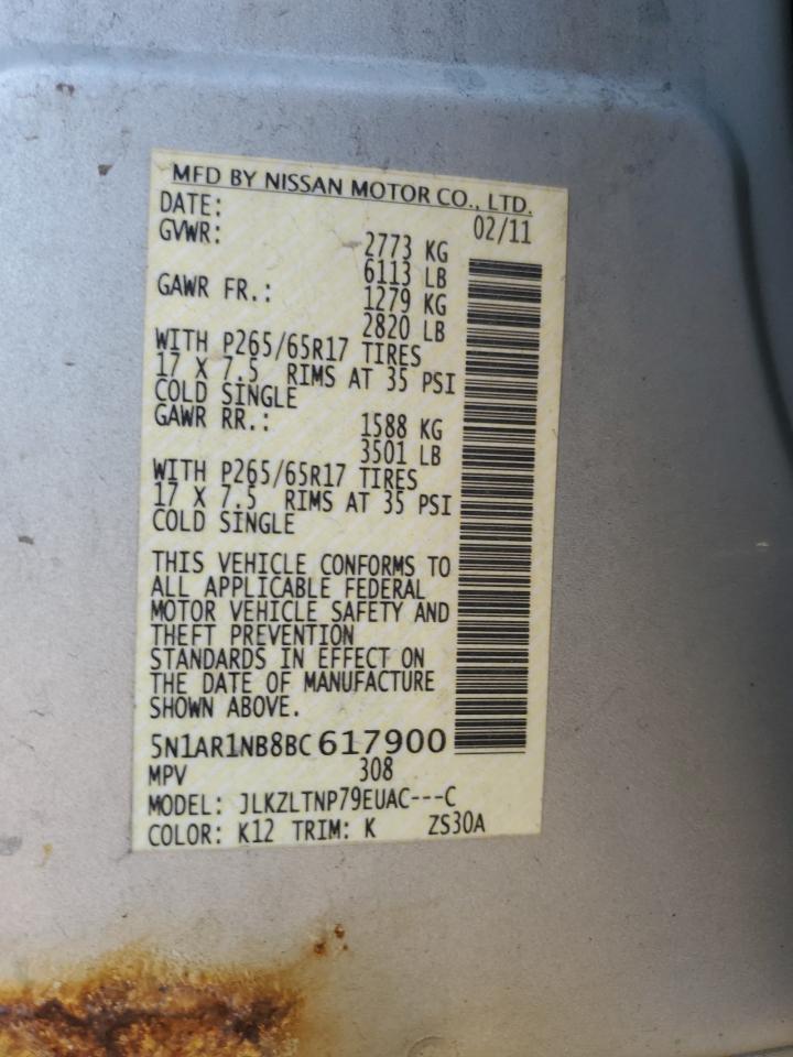 2011 Nissan Pathfinder S VIN: 5N1AR1NB8BC617900 Lot: 71553175