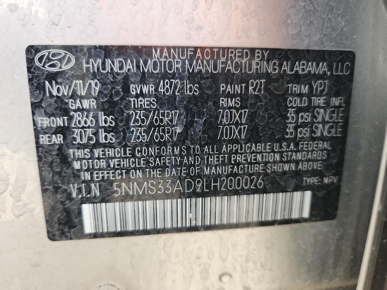 2020 Hyundai Santa Fe Sel VIN: 5NMS33AD9LH200026 Lot: 82117905