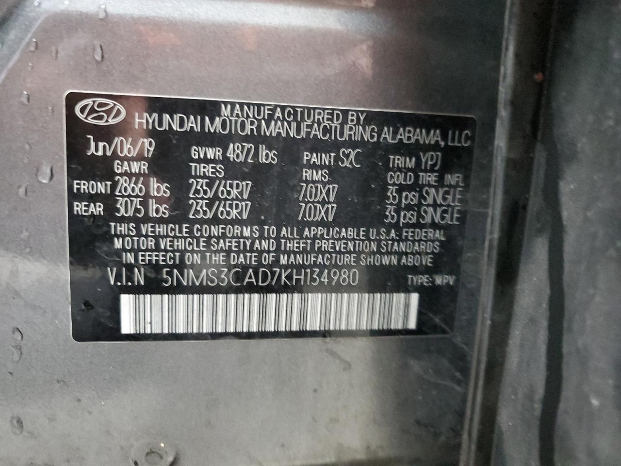 2019 Hyundai Santa Fe Sel VIN: 5NMS3CAD7KH134980 Lot: 81553765